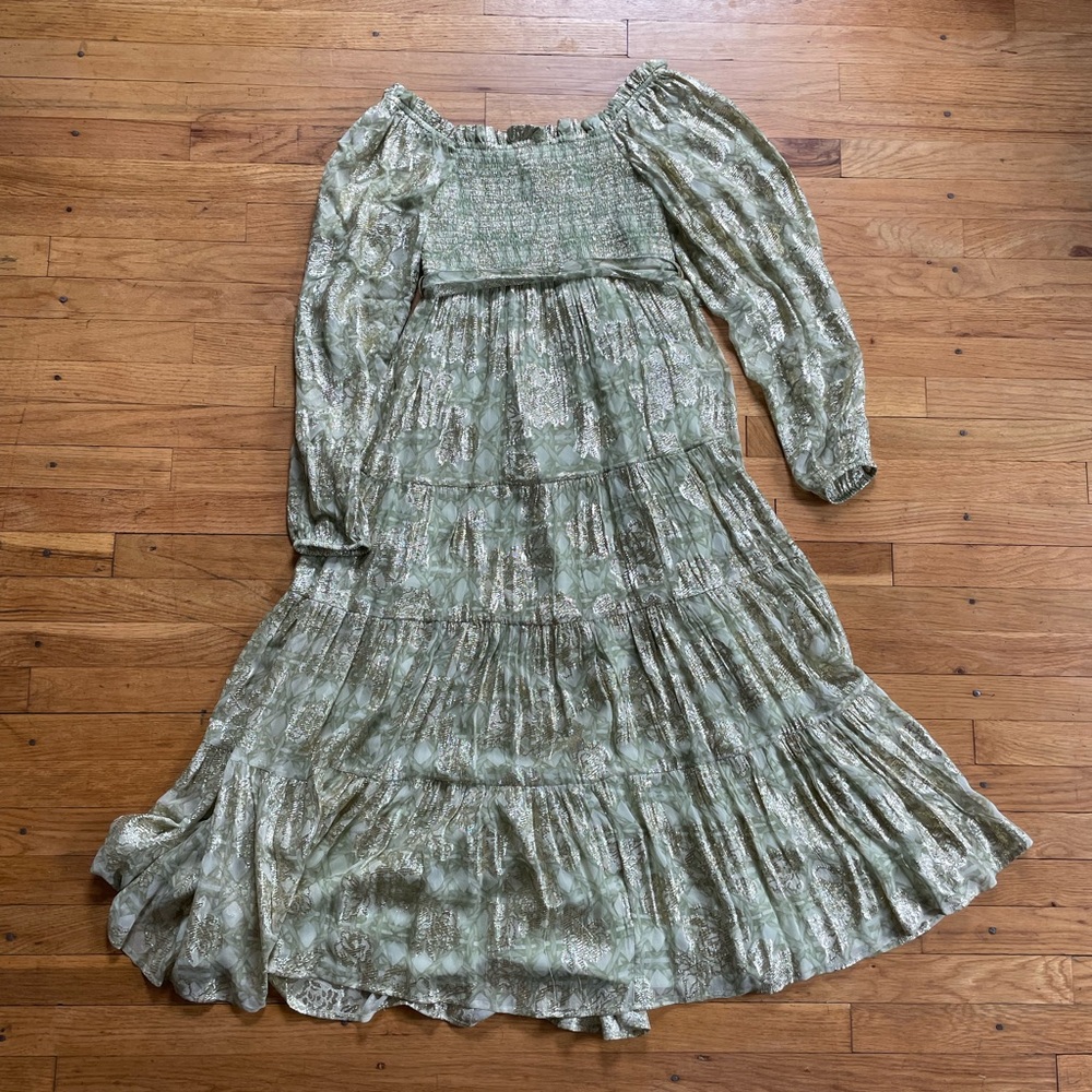 Smocked Sage Green Tiered Maxi Dress with Bishop Sleeves